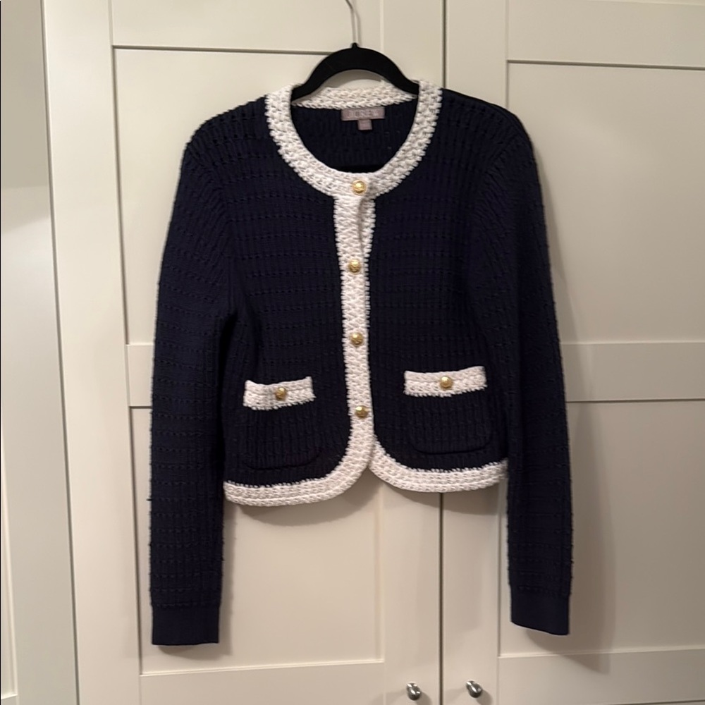J. Crew Navy and Cream Cardigan with Gold Button